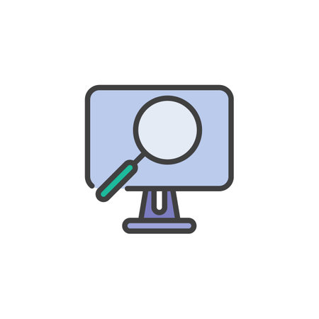 Online monitoring filled outline icon, computer monitor and magnifier line vector sign, linear colorful pictogram isolated on white. Symbol, logo illustration. Vector graphicsのイラスト素材