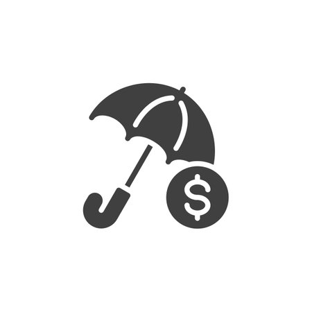 Umbrella and dollar coin vector icon. Safe money filled flat sign for mobile concept and web design. Financial insurance glyph icon. Symbol, logo illustration. Vector graphicsのイラスト素材