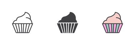 Cupcake different style icon set. Line, glyph and filled outline colorful version, outline and filled vector sign. Symbol, logo illustration. Vector graphicsのイラスト素材