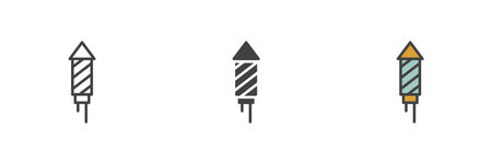 Firework rocket different style icon set. Line, glyph and filled outline colorful version, outline and filled vector sign. Symbol, logo illustration. Vector graphicsのイラスト素材