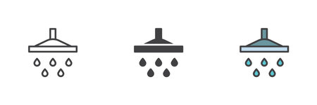 Shower and water drops different style icon set. Line, glyph and filled outline colorful version, outline and filled vector sign. Bathroom symbol, logo illustration. Vector graphicsのイラスト素材