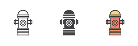 Fire hydrant different style icon set. Line, glyph and filled outline colorful version, outline and filled vector sign. Symbol, logo illustration. Vector graphicsのイラスト素材
