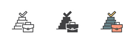 Pyramid with check mark and briefcase different style icon set. Line, glyph and filled outline...