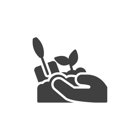 Planting vector icon. filled flat sign for mobile concept and web design. Hand with plant soil and shovel glyph icon. Symbol, logo illustration. Vector graphicsのイラスト素材
