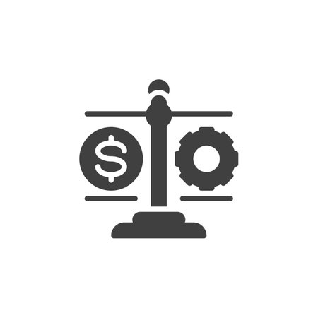 Scales with money and cogwheel vector icon. filled flat sign for mobile concept and web design. Feasibility Study glyph icon. Symbol, logo illustration. Vector graphicsのイラスト素材