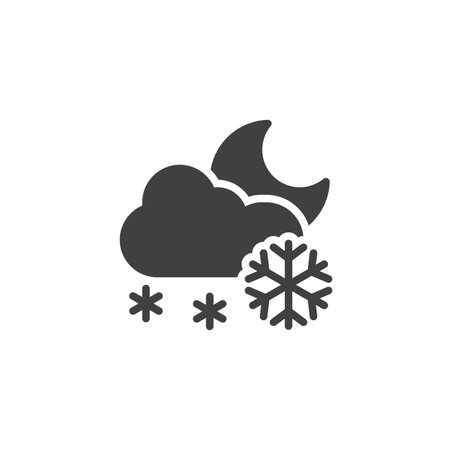 Moon with cloud and snow vector icon. filled flat sign for mobile concept and web design. Night winter weather glyph icon. Symbol, logo illustration. Vector graphicsのイラスト素材