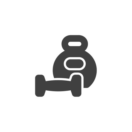 Dumbbell and kettlebell vector icon. filled flat sign for mobile concept and web design. Gym service glyph icon. Fitness symbol, logo illustration. Vector graphicsのイラスト素材