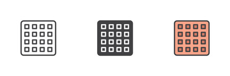 Belgian waffle different style icon set. Line, glyph and filled outline colorful version, outline and filled vector sign. Symbol, logo illustration. Vector graphicsのイラスト素材