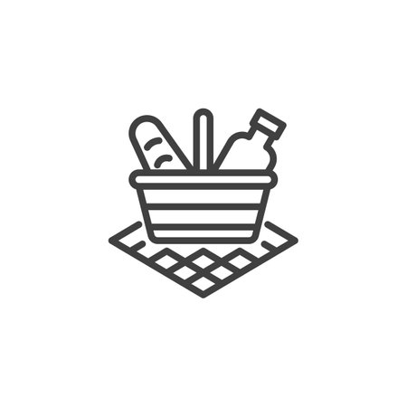 Picnic duvet with basket line icon. linear style sign for mobile concept and web design. Picnic basket with food outline vector icon. Symbol, logo illustration. Vector graphicsのイラスト素材
