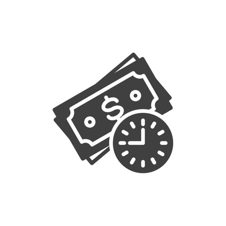 Clock and money vector icon. filled flat sign for mobile concept and web design. Time value of money glyph icon. Symbol, logo illustration. Vector graphicsのイラスト素材