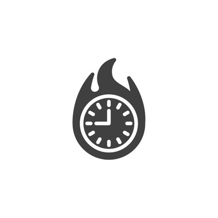 Fire Time vector icon. filled flat sign for mobile concept and web design. Flaming clock glyph icon. Deadline symbol, logo illustration. Vector graphicsのイラスト素材