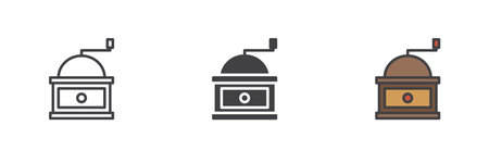 Coffee grinder different style icon set. Line, glyph and filled outline colorful version, outline and filled vector sign. Symbol, logo illustration. Vector graphicsのイラスト素材