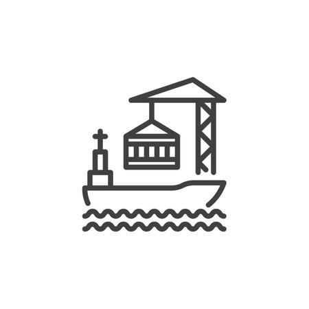 Cargo port with ship and container line icon. linear style sign for mobile concept and web design. Container ship loading outline vector icon. Symbol, logo illustration. Vector graphicsのイラスト素材