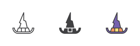 Witch hat different style icon set. Line, glyph and filled outline colorful version, outline and filled vector sign. Symbol, logo illustration. Vector graphicsのイラスト素材
