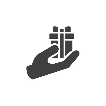 Hand give surprise box vector icon. filled flat sign for mobile concept and web design. Gift box in a Hand glyph icon. Symbol, logo illustration. Vector graphicsのイラスト素材