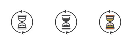 Hourglass with arrows different style icon set. Line, glyph and filled outline colorful version,...