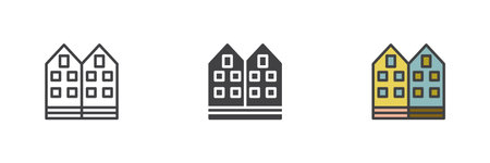 Neighborhood house different style icon set. Line, glyph and filled outline colorful version, outline and filled vector sign. Symbol, logo illustration. Vector graphicsのイラスト素材