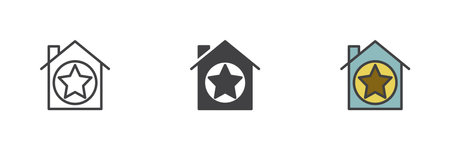 Favorite house different style icon set. Line, glyph and filled outline colorful version, house with star outline and filled vector sign. Symbol, logo illustration. Vector graphicsのイラスト素材