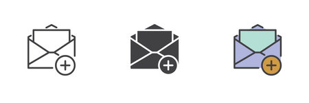 Add mail different style icon set. Line, glyph and filled outline colorful version, outline and...