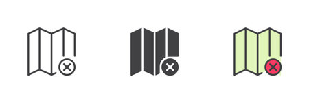 Delete location map different style icon set. Line, glyph and filled outline colorful version, outline and filled vector sign. Remove from map symbol, logo illustration. Vector graphicsのイラスト素材