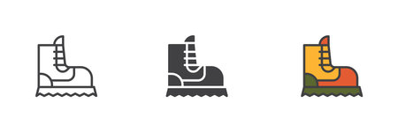 Hiking boots different style icon set. Line, glyph and filled outline colorful version, outline and filled vector sign. Symbol, logo illustration. Vector graphicsのイラスト素材