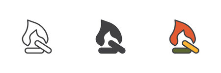 Campfire different style icon set. Line, glyph and filled outline colorful version, outline and filled vector sign. Bonfire Symbol, logo illustration. Vector graphicsのイラスト素材