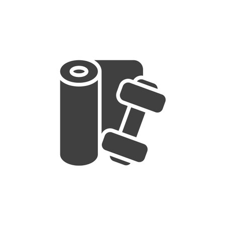Yoga mat and dumbbell vector icon. filled flat sign for mobile concept and web design. Fitness gear glyph icon. Gym equipment symbol, logo illustration. Vector graphicsのイラスト素材