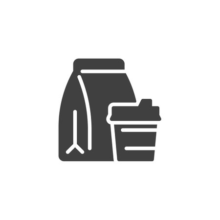 Food bag and coffee cup vector icon. filled flat sign for mobile concept and web design. Coffee delivery service glyph icon. Symbol, logo illustration. Vector graphicsのイラスト素材