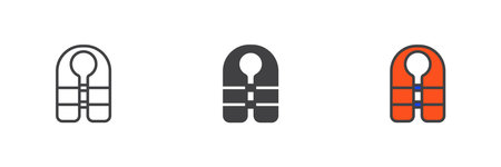 Life jacket different style icon set. Line, glyph and filled outline colorful version, outline and filled vector sign. Life vest symbol, logo illustration. Vector graphicsのイラスト素材