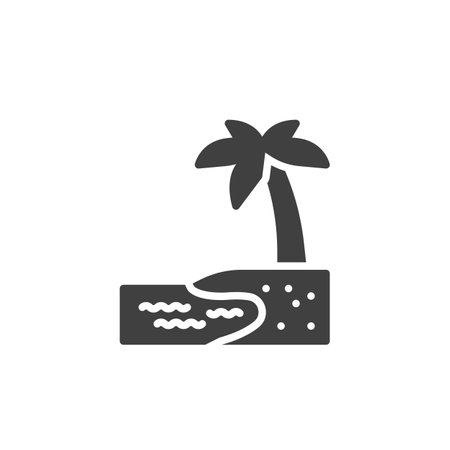 Tropical beach vector icon. filled flat sign for mobile concept and web design. Beach scene with sand, water, and palm trees glyph icon. Symbol, logo illustration. Vector graphicsのイラスト素材