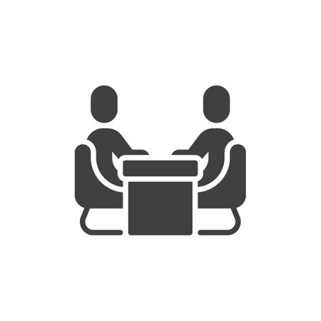Business people sitting at table vector icon. filled flat sign for mobile concept and web design. Business Meeting glyph icon. Job interview symbol, logo illustration. Vector graphicsのイラスト素材