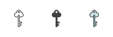 Vintage key different style icon set. Line, glyph and filled outline colorful version, outline and filled vector sign. Password Symbol, logo illustration. Vector graphicsのイラスト素材
