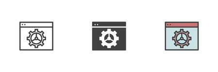Web Optimization different style icon set. Line, glyph and filled outline colorful version, outline and filled vector sign. Browser settings window symbol, logo illustration. Vector graphicsのイラスト素材