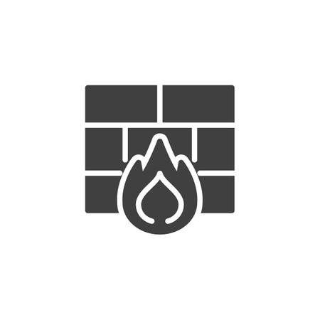 Fire flame and brick wall vector icon. filled flat sign for mobile concept and web design. Firewall glyph icon. Cyber security symbol, logo illustration. Vector graphicsのイラスト素材