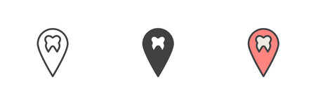 Dental Clinic Location different style icon set. Line, glyph and filled outline colorful version, outline and filled vector sign. Dentist location Symbol, logo illustration. Vector graphicsのイラスト素材