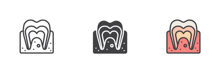 Tooth and gum different style icon set. Line, glyph and filled outline colorful version, outline and filled vector sign. Dental care symbol, logo illustration. Vector graphicsのイラスト素材