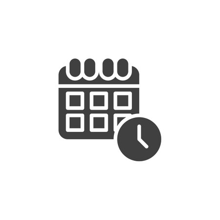 Clock with a calendar vector icon. filled flat sign for mobile concept and web design. Time Management glyph icon. Symbol, logo illustration. Vector graphicsのイラスト素材