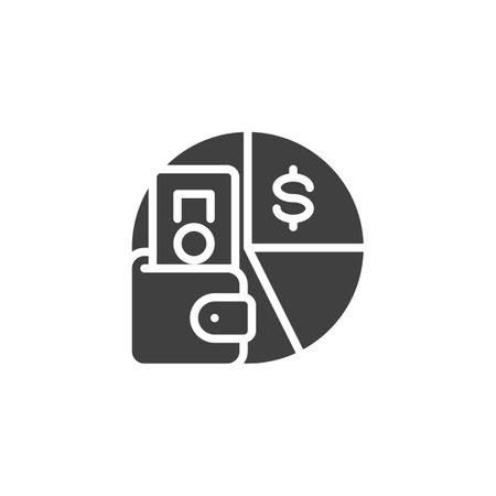 Wallet with money and a pie chart vector icon. filled flat sign for mobile concept and web design. Budget planning glyph icon. Symbol, logo illustration. Vector graphicsのイラスト素材