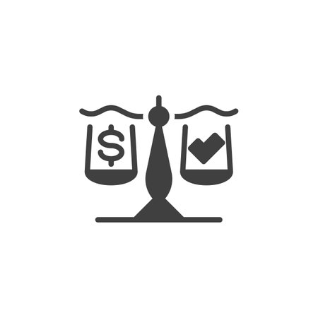 Scale with a dollar sign and a checkmark vector icon. filled flat sign for mobile concept and web design. Business Ethics glyph icon. Symbol, logo illustration. Vector graphicsのイラスト素材