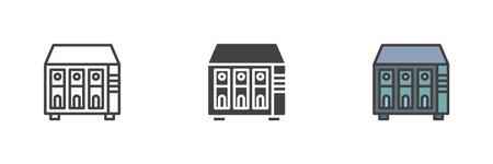 NAS server different style icon set. Line, glyph and filled outline colorful version, outline and filled vector sign. Rack units, servers symbol, logo illustration. Vector graphicsのイラスト素材