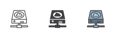 Cloud storage different style icon set. Line, glyph and filled outline colorful version, outline and filled vector sign. Hard disk with cloud symbol, logo illustration. Vector graphicsのイラスト素材