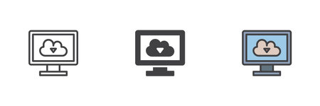 Download cloud storage different style icon set. Line, glyph and filled outline colorful version, outline and filled vector sign. Cloud storage on computer screen symbol, logo illustrationのイラスト素材