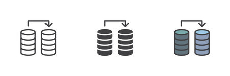 Database transfer files different style icon set. Line, glyph and filled outline colorful version, outline and filled vector sign. Data backup symbol, logo illustration. Vector graphicsのイラスト素材