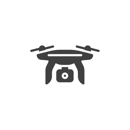 Quadcopter drone with a mounted camera vector icon. filled flat sign for mobile concept and web design. Drone with Camera glyph icon. Symbol, logo illustration. Vector graphicsのイラスト素材