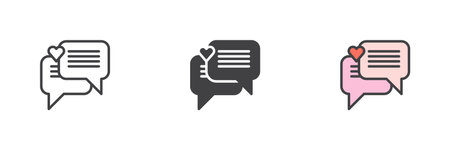 Love chat conversation different style icon set. Line, glyph and filled outline colorful version, outline and filled vector sign. Speech bubble with heart symbol, logo illustration. Vector graphicsのイラスト素材