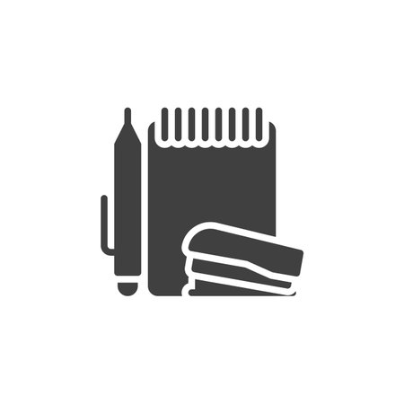 Stapler, notebook, and pen vector icon. filled flat sign for mobile concept and web design. Office Supplies glyph icon. Symbol, logo illustration. Vector graphicsのイラスト素材