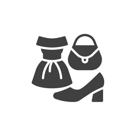 Dress, high heels, and a handbag vector icon. filled flat sign for mobile concept and web design. Fashion and apparel glyph icon. Symbol, logo illustration. Vector graphicsのイラスト素材