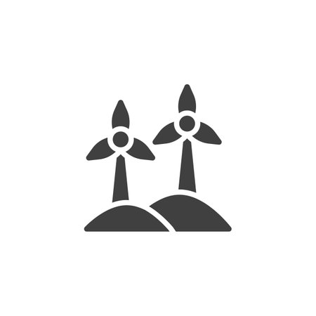 Wind turbine on a hill vector icon. filled flat sign for mobile concept and web design. Wind Turbine glyph icon. Renewable wind energy symbol, logo illustration. Vector graphicsのイラスト素材