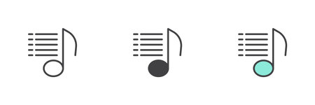 Music playlist different style icon set. Line, glyph and filled outline colorful version, outline and filled vector sign. Play list symbol, logo illustration. Vector graphicsのイラスト素材
