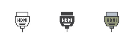 HDMI cable different style icon set. Line, glyph and filled outline colorful version, outline and...